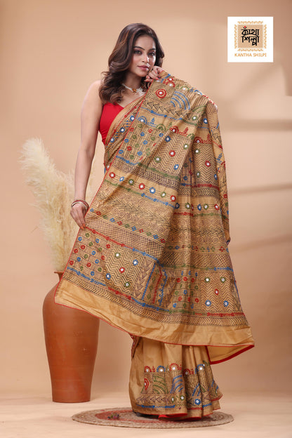 Beige Color Bangalore Silk Multicolor Thread Work Lambani Stitch Saree