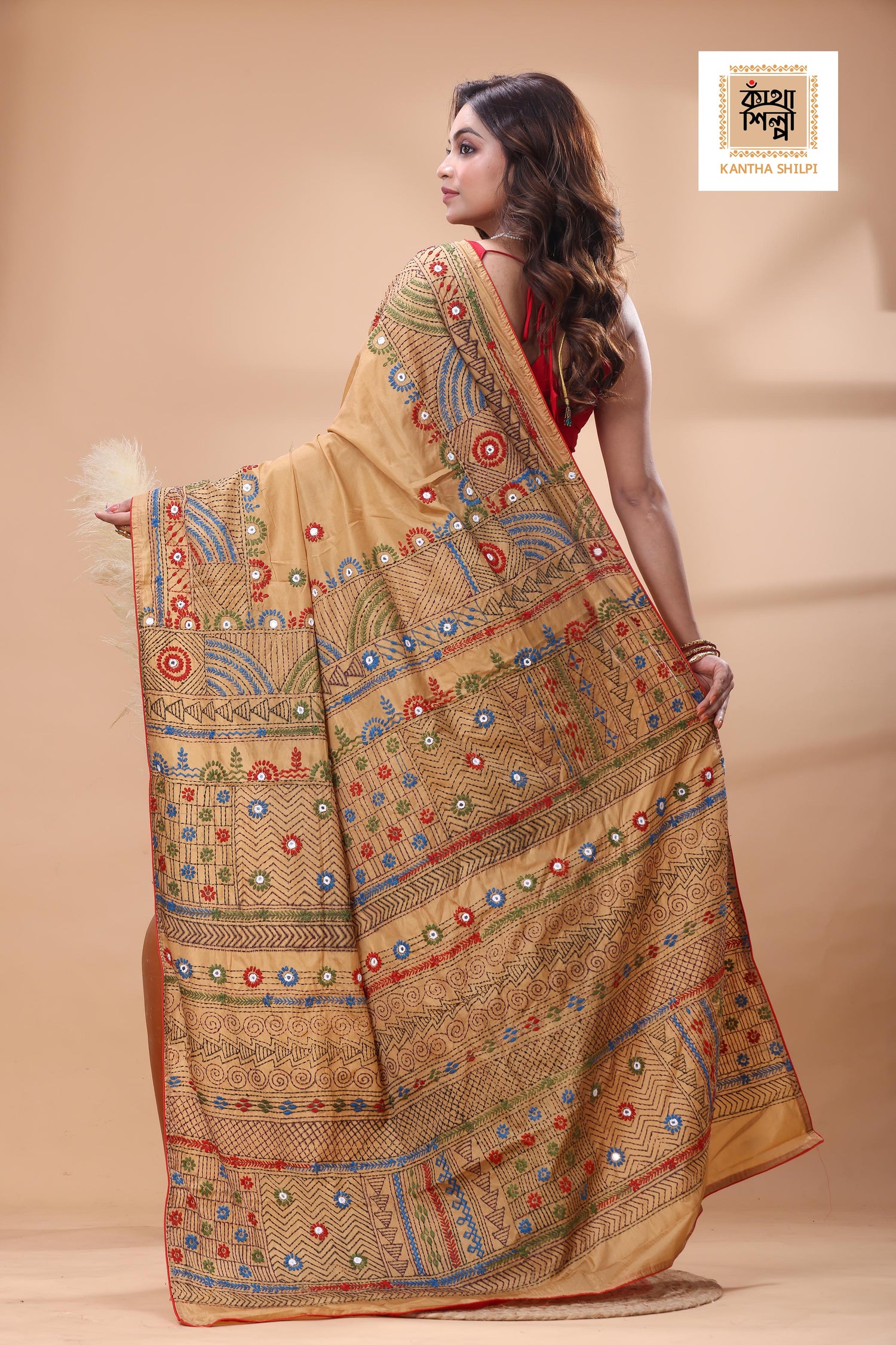 Beige Color Bangalore Silk Multicolor Thread Work Lambani Stitch Saree