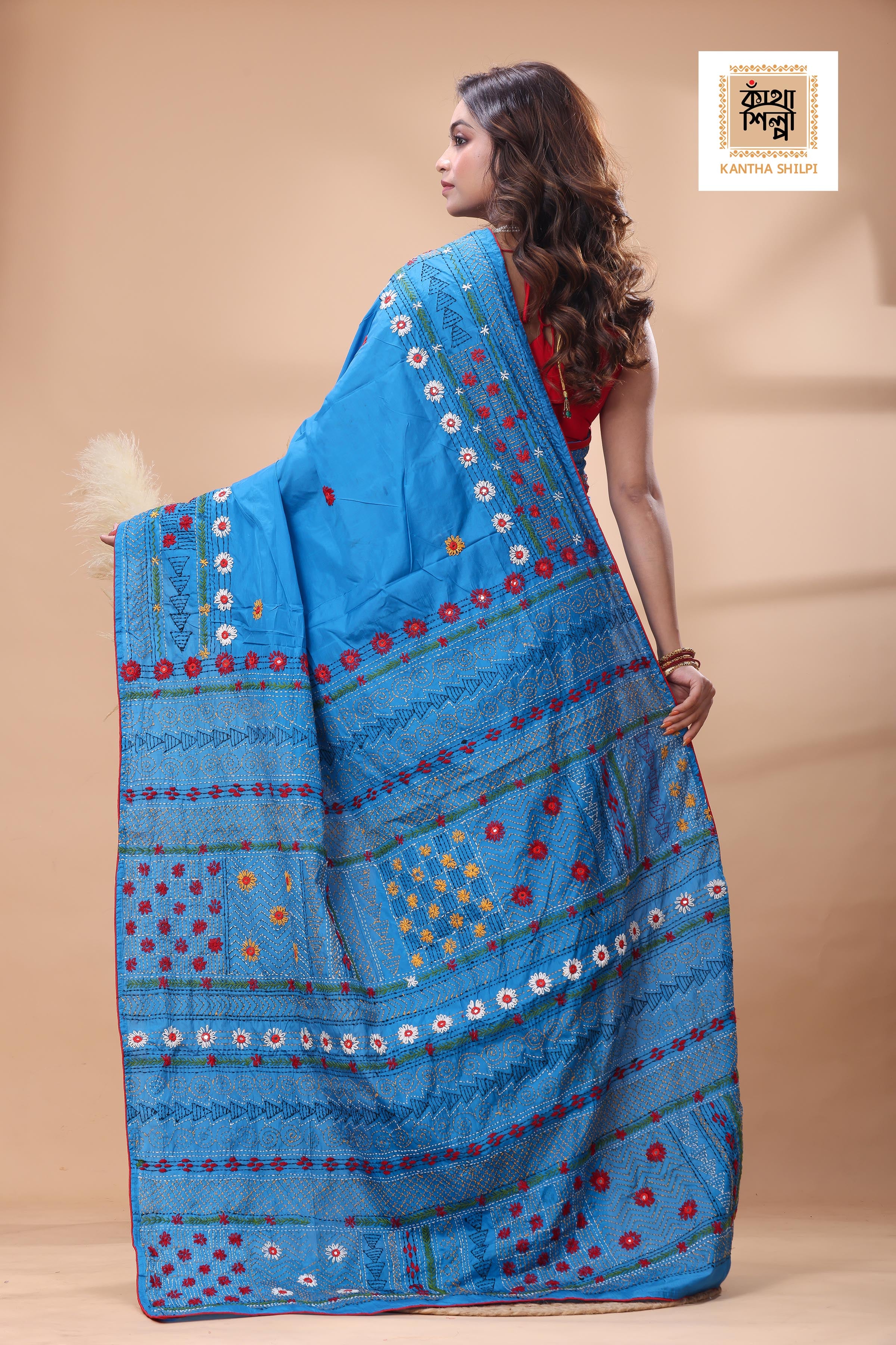 Blue Color Bangalore Silk Multicolor Thread Work Lambani Stitch Saree