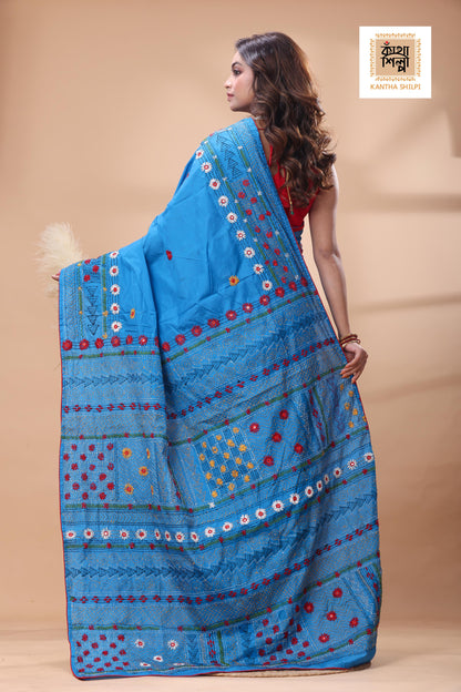 Blue Color Bangalore Silk Multicolor Thread Work Lambani Stitch Saree