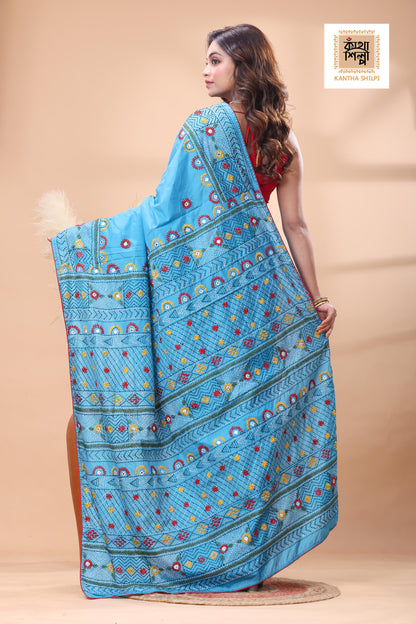 Blue Color Bangalore Silk Multicolor Thread Work Lambani Stitch Saree