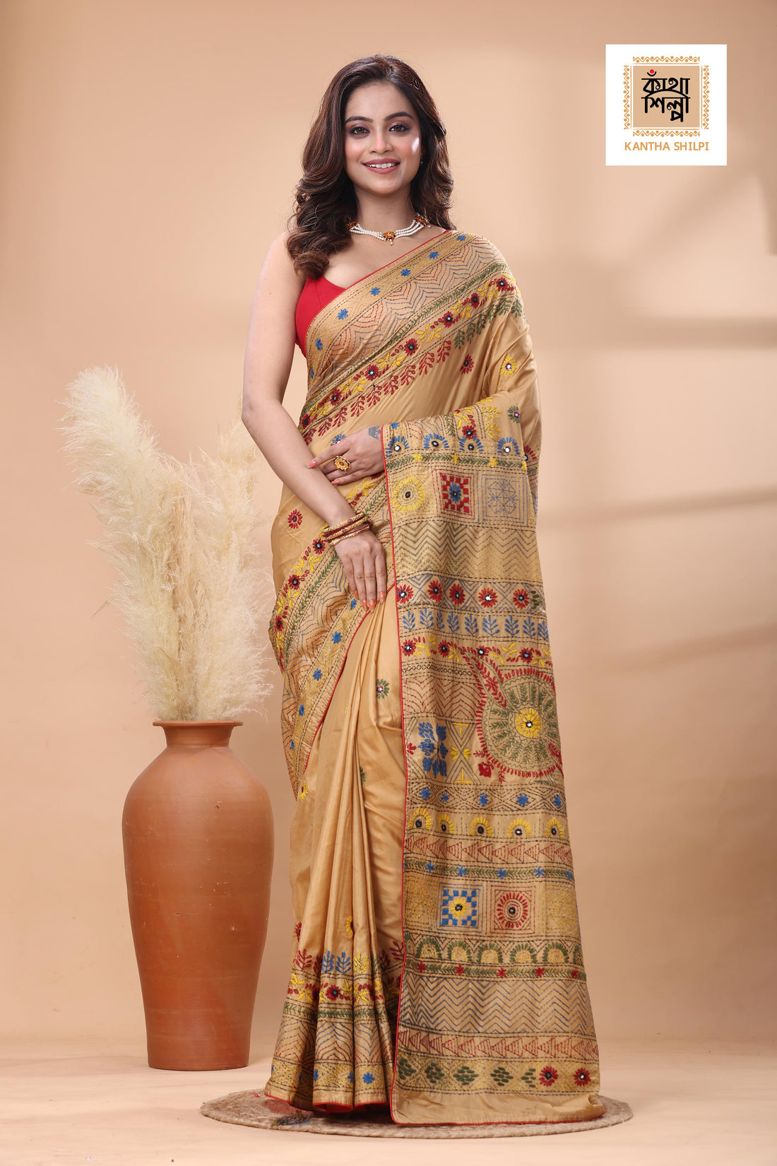 Beige Color Bangalore Silk Multicolor Thread Work Lambani Stitch Saree