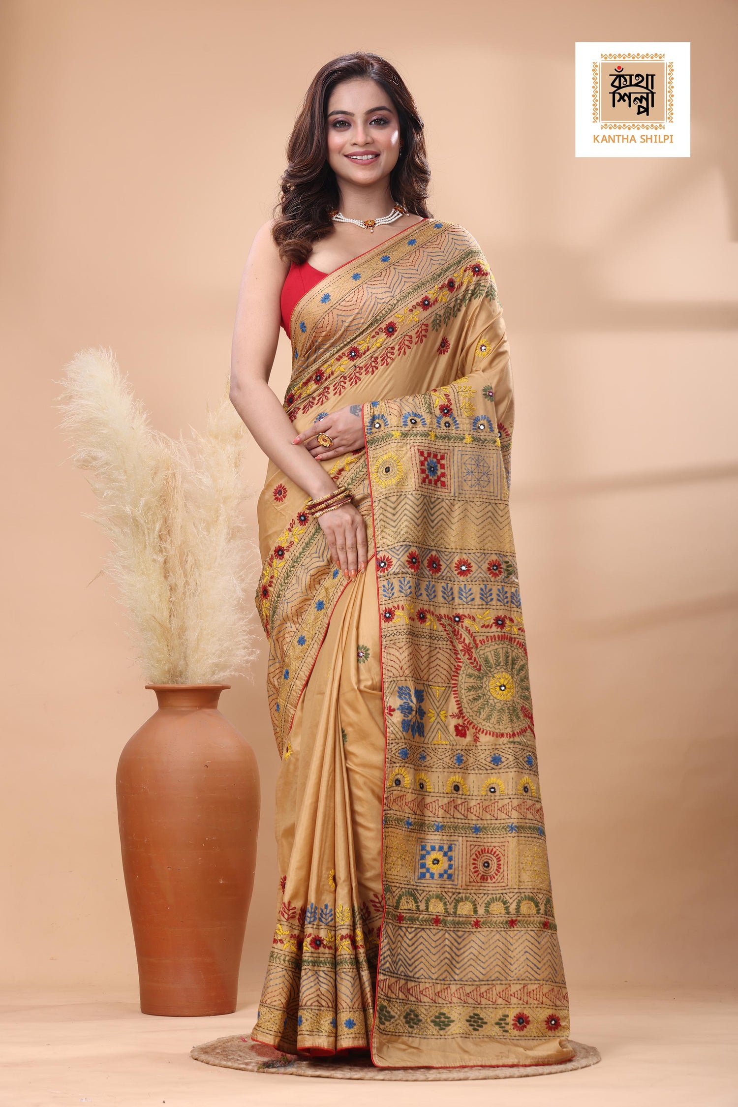 Beige Color Bangalore Silk Multicolor Thread Work Lambani Stitch Saree