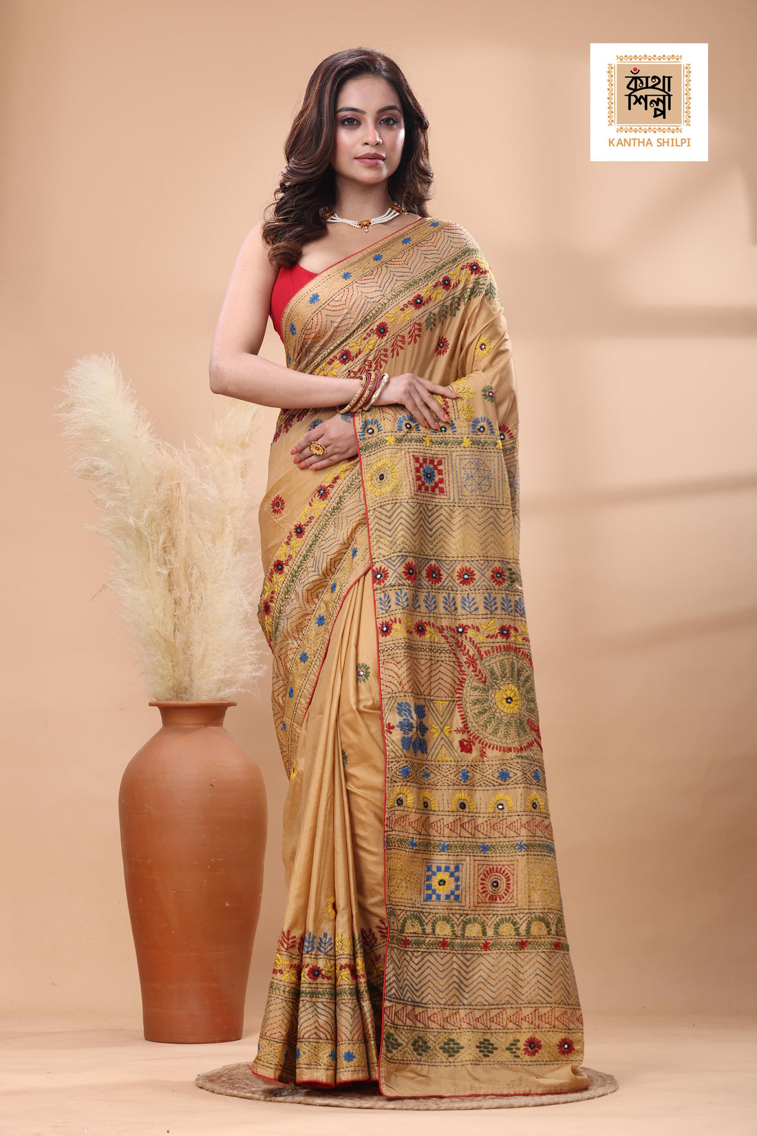 Beige Color Bangalore Silk Multicolor Thread Work Lambani Stitch Saree