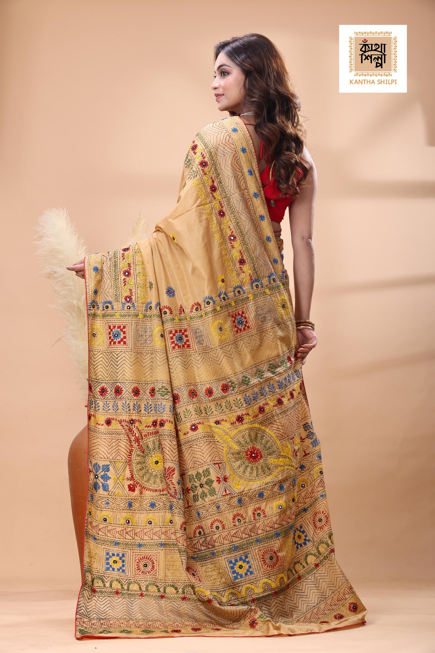 Beige Color Bangalore Silk Multicolor Thread Work Lambani Stitch Saree