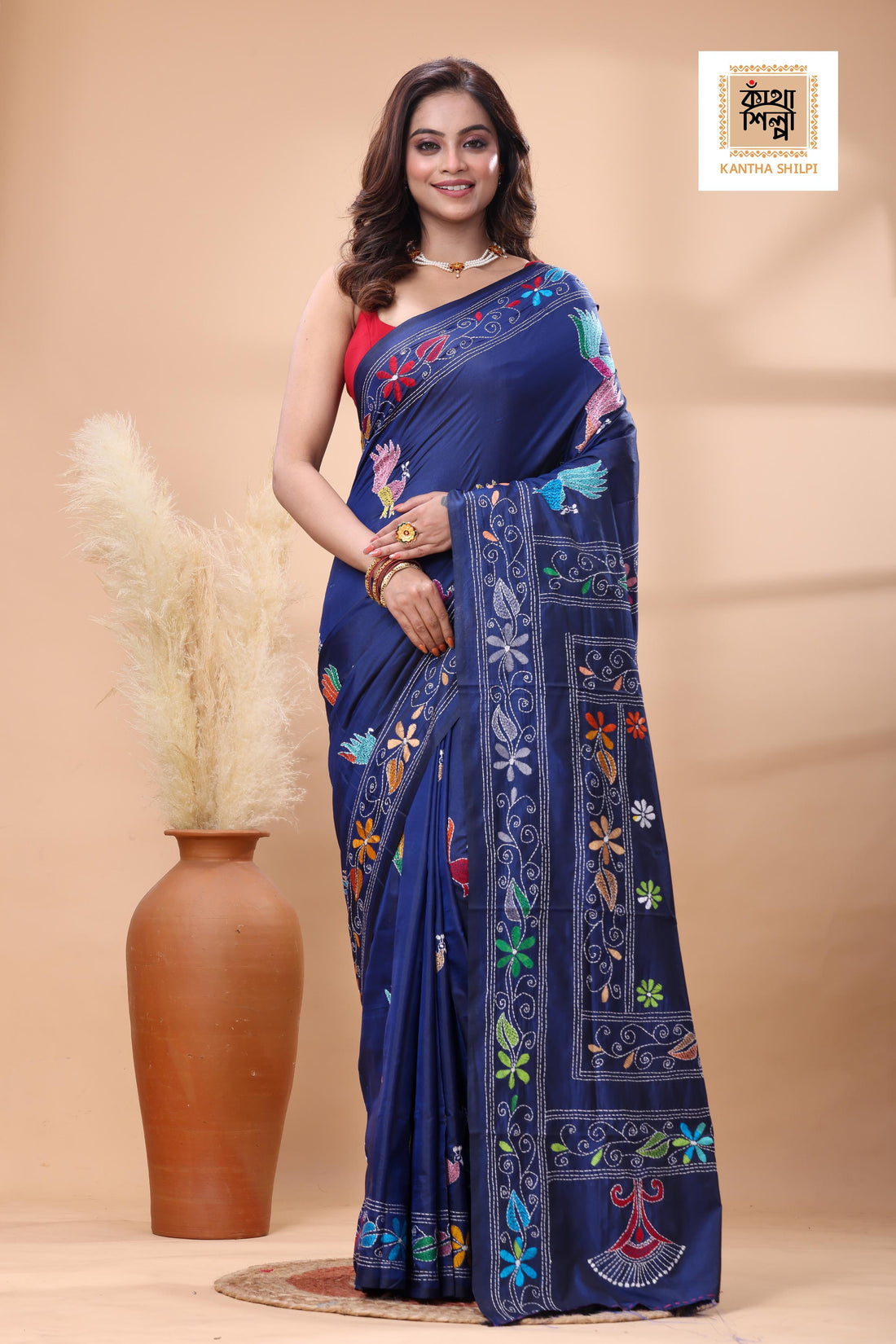 Blue Color Bangalore Silk Multicolor Thread Work Kantha Stitch Saree