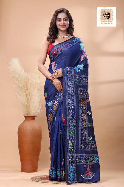 Blue Color Bangalore Silk Multicolor Thread Work Kantha Stitch Saree