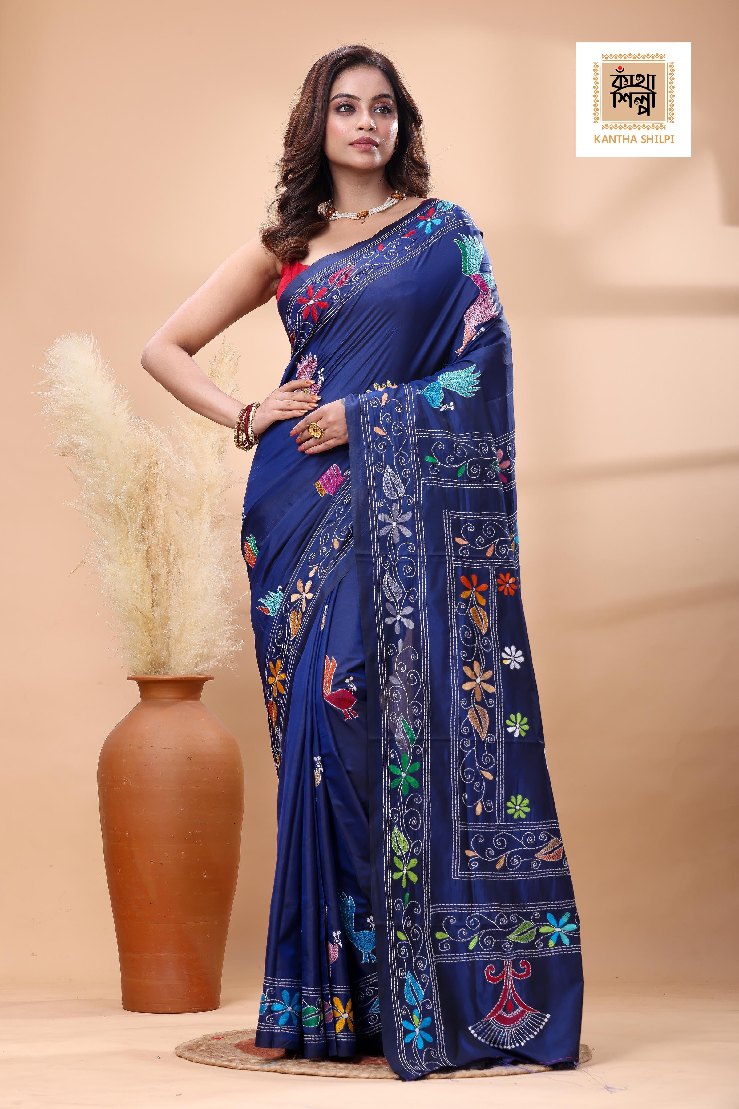 Blue Color Bangalore Silk Multicolor Thread Work Kantha Stitch Saree