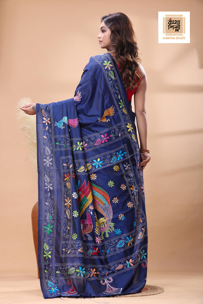 Blue Color Bangalore Silk Multicolor Thread Work Kantha Stitch Saree