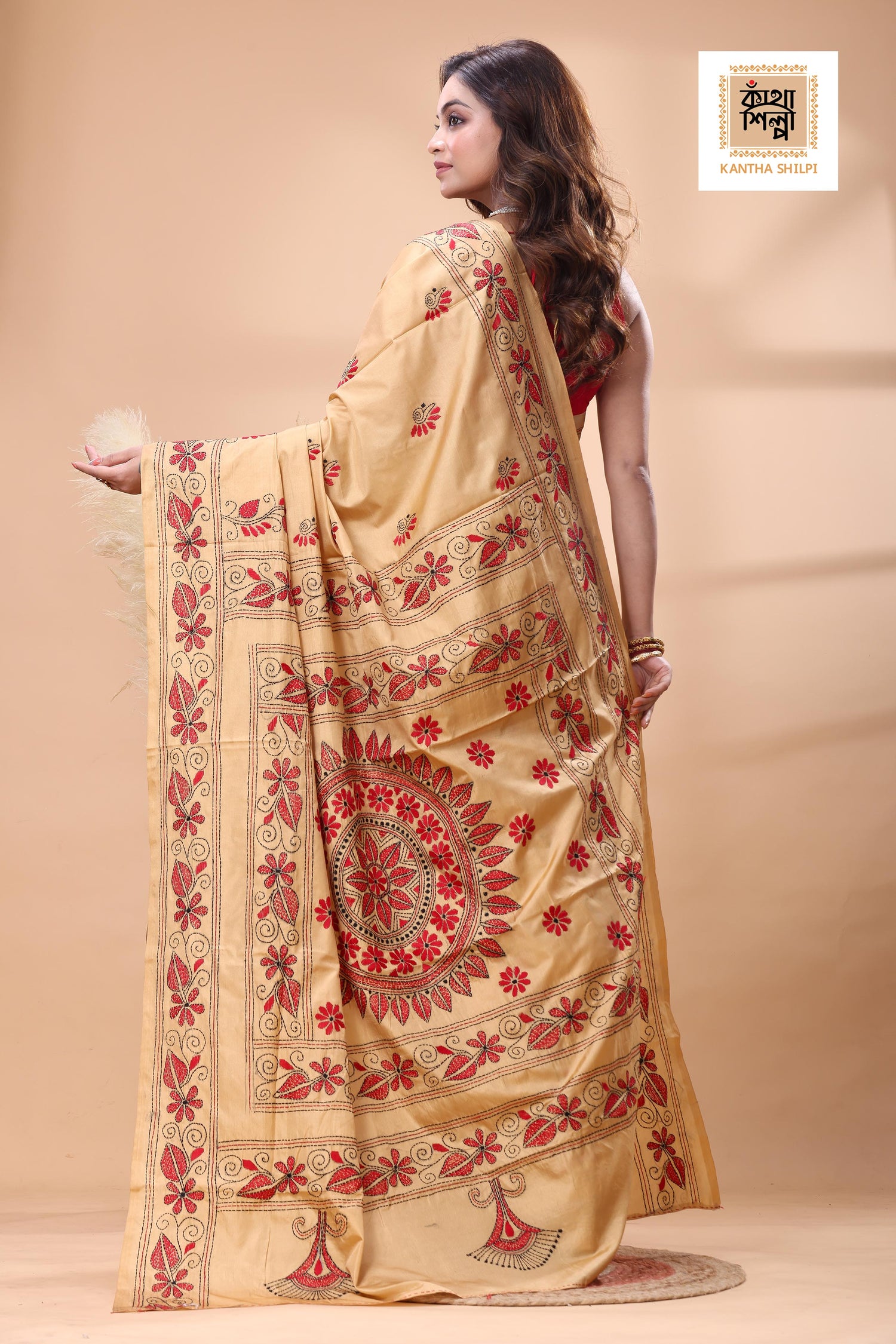 Beige Color Bangalore Silk Red Black Color Thread Work Kantha Stitch Saree