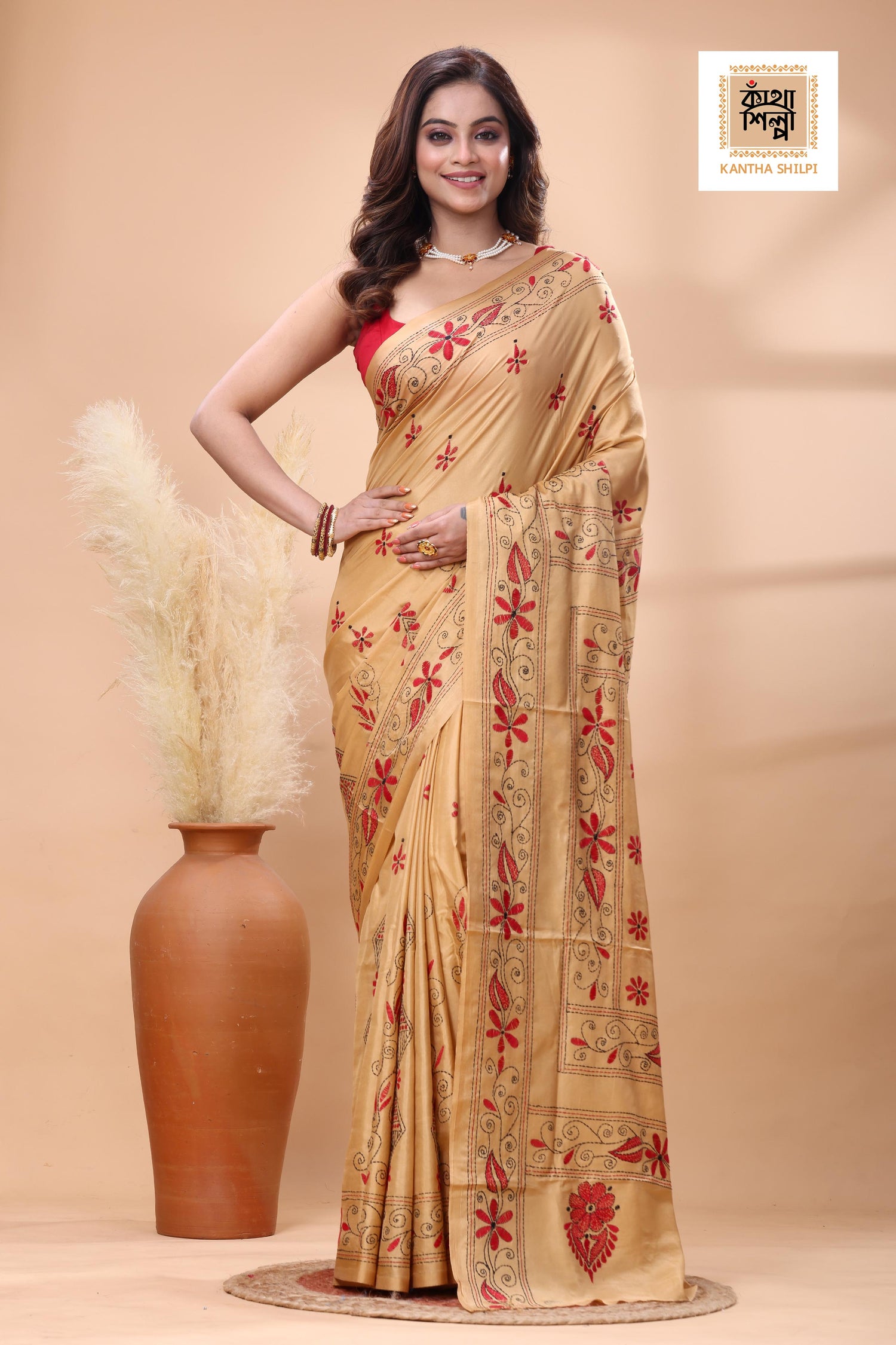 Beige Color Bangalore Silk Red-Black Color Thread Work Kantha Stitch Saree