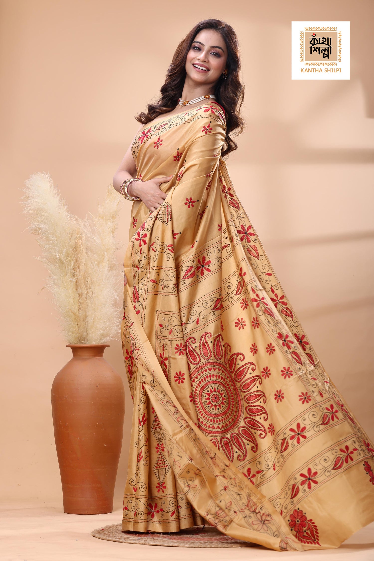 Beige Color Bangalore Silk Red-Black Color Thread Work Kantha Stitch Saree