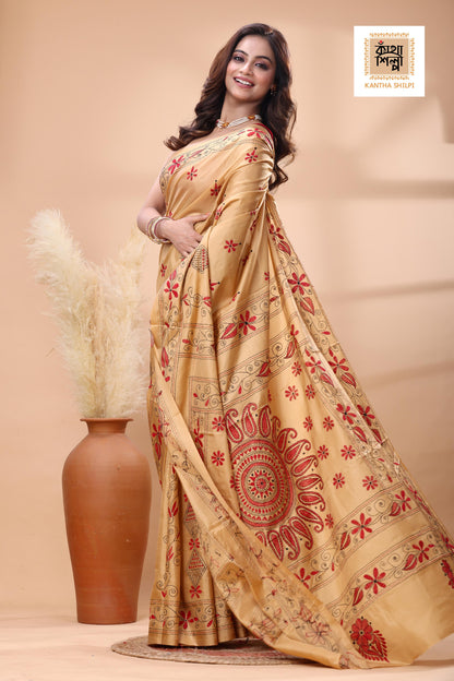 Beige Color Bangalore Silk Red-Black Color Thread Work Kantha Stitch Saree