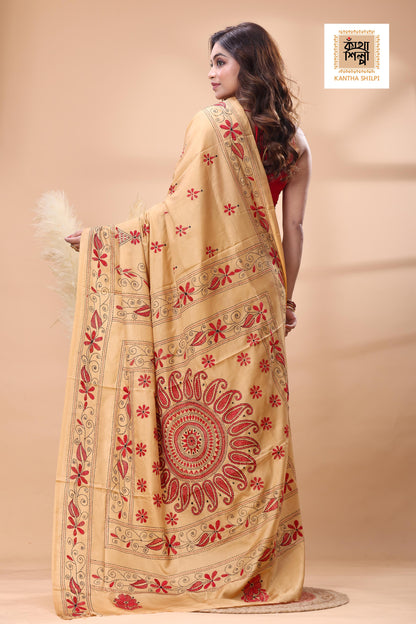 Beige Color Bangalore Silk Red-Black Color Thread Work Kantha Stitch Saree