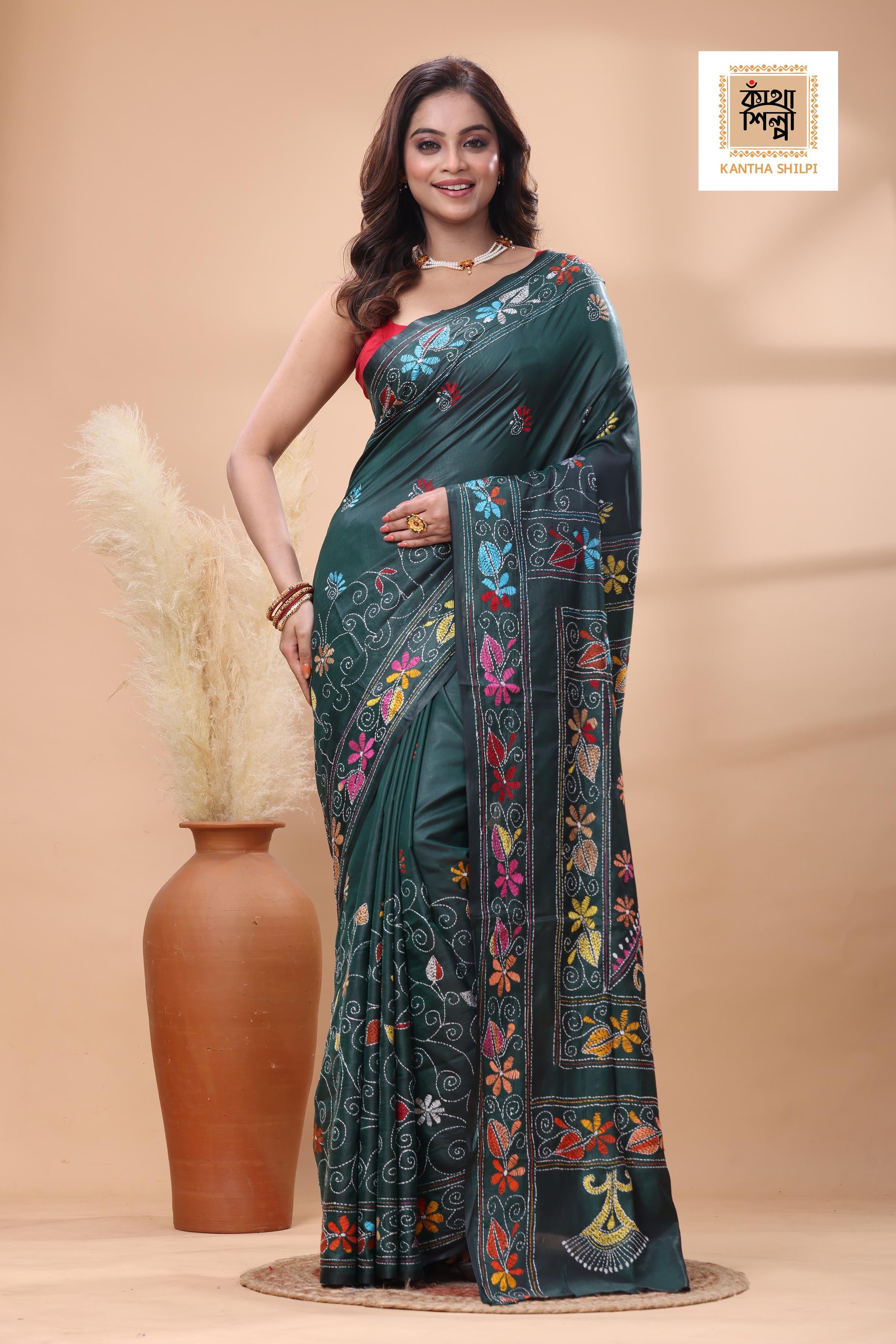 Green Color Bangalore Silk Multicolor Thread Work Kantha Stitch Saree