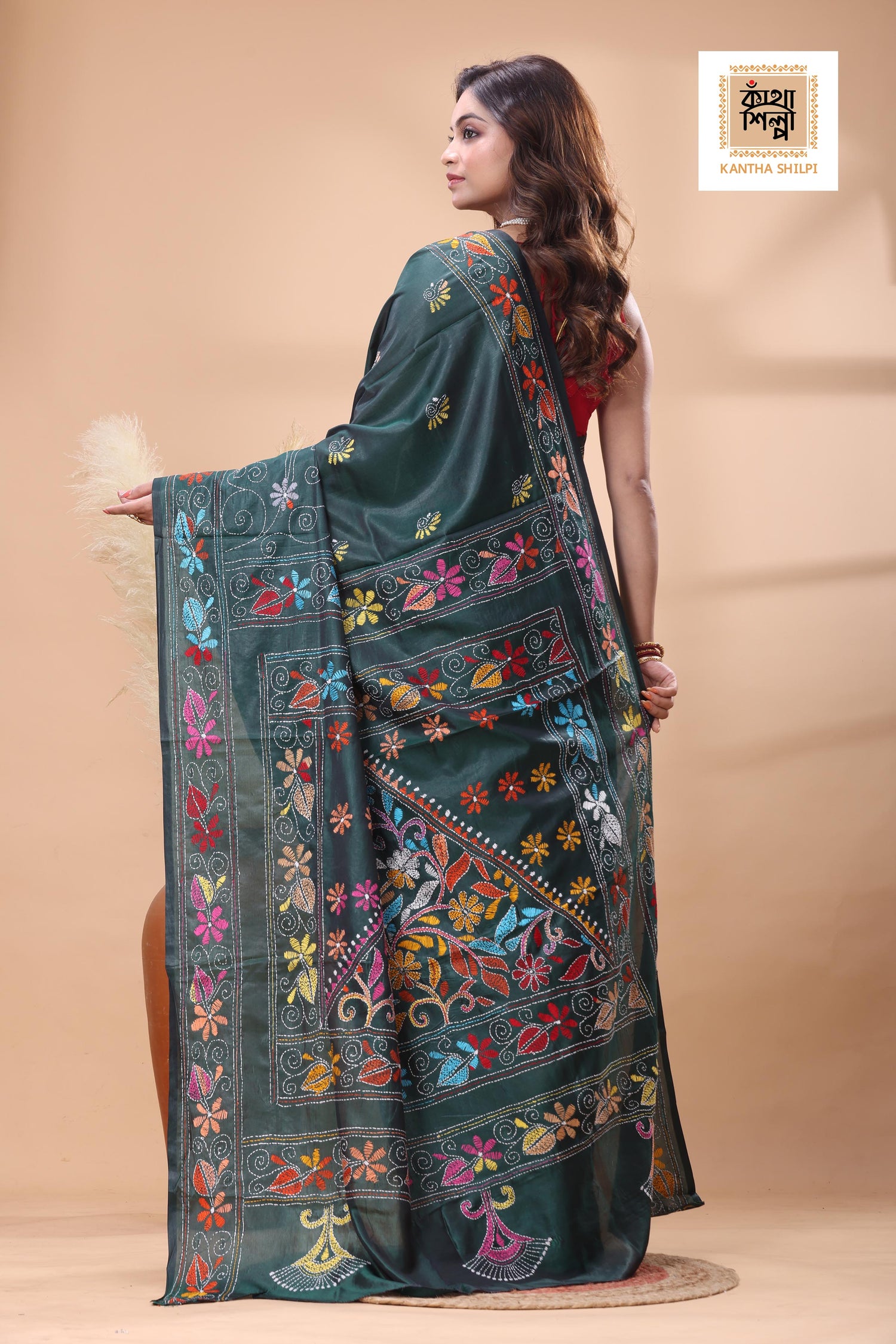 Green Color Bangalore Silk Multicolor Thread Work Kantha Stitch Saree