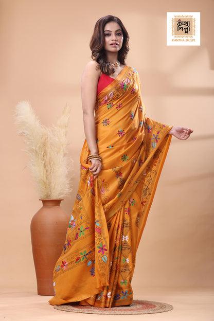 Yellow Color Bangalore Silk Multicolor Thread Work Kantha Stitch Saree