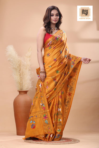 Yellow Color Bangalore Silk Multicolor Thread Work Kantha Stitch Saree