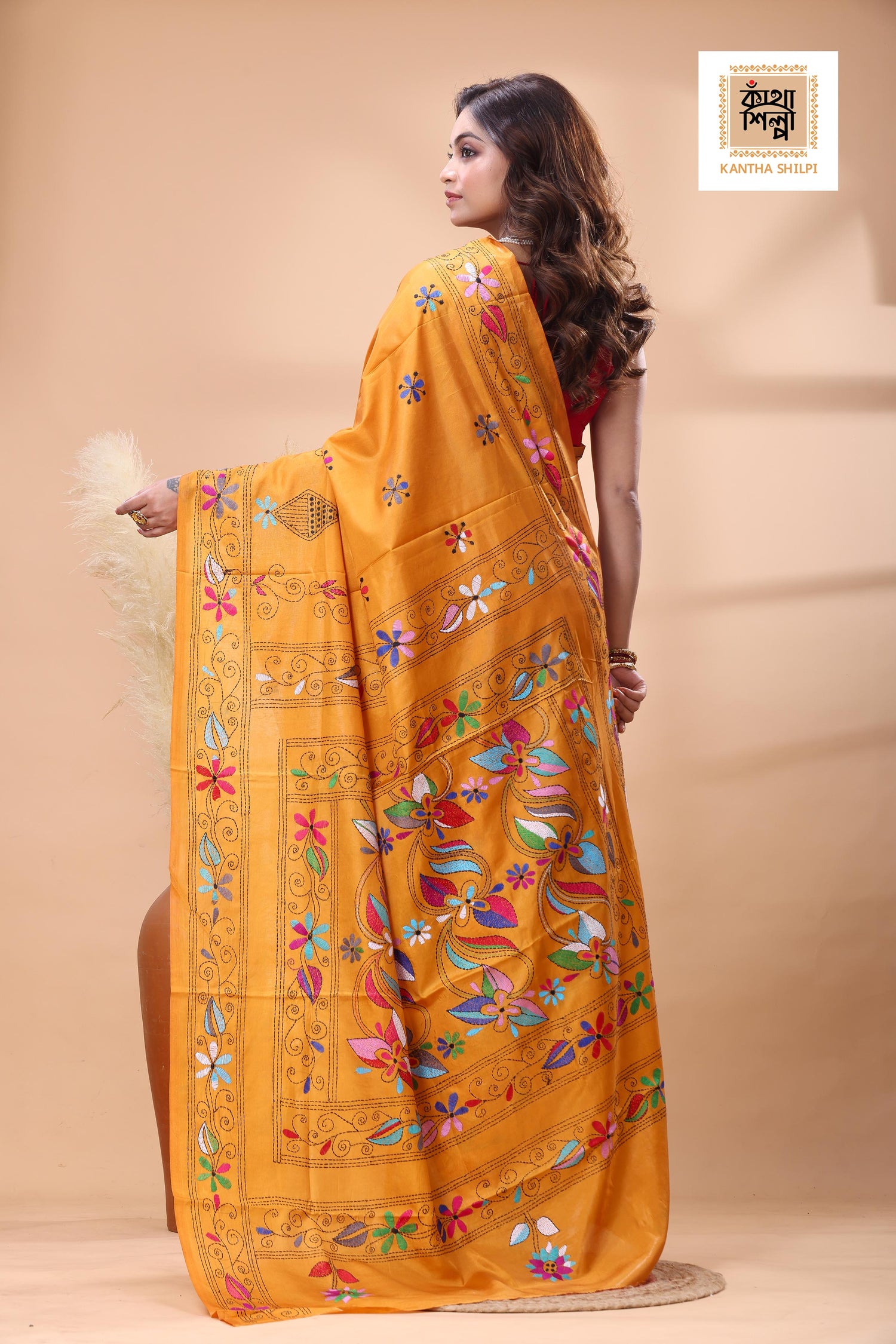 Yellow Color Bangalore Silk Multicolor Thread Work Kantha Stitch Saree