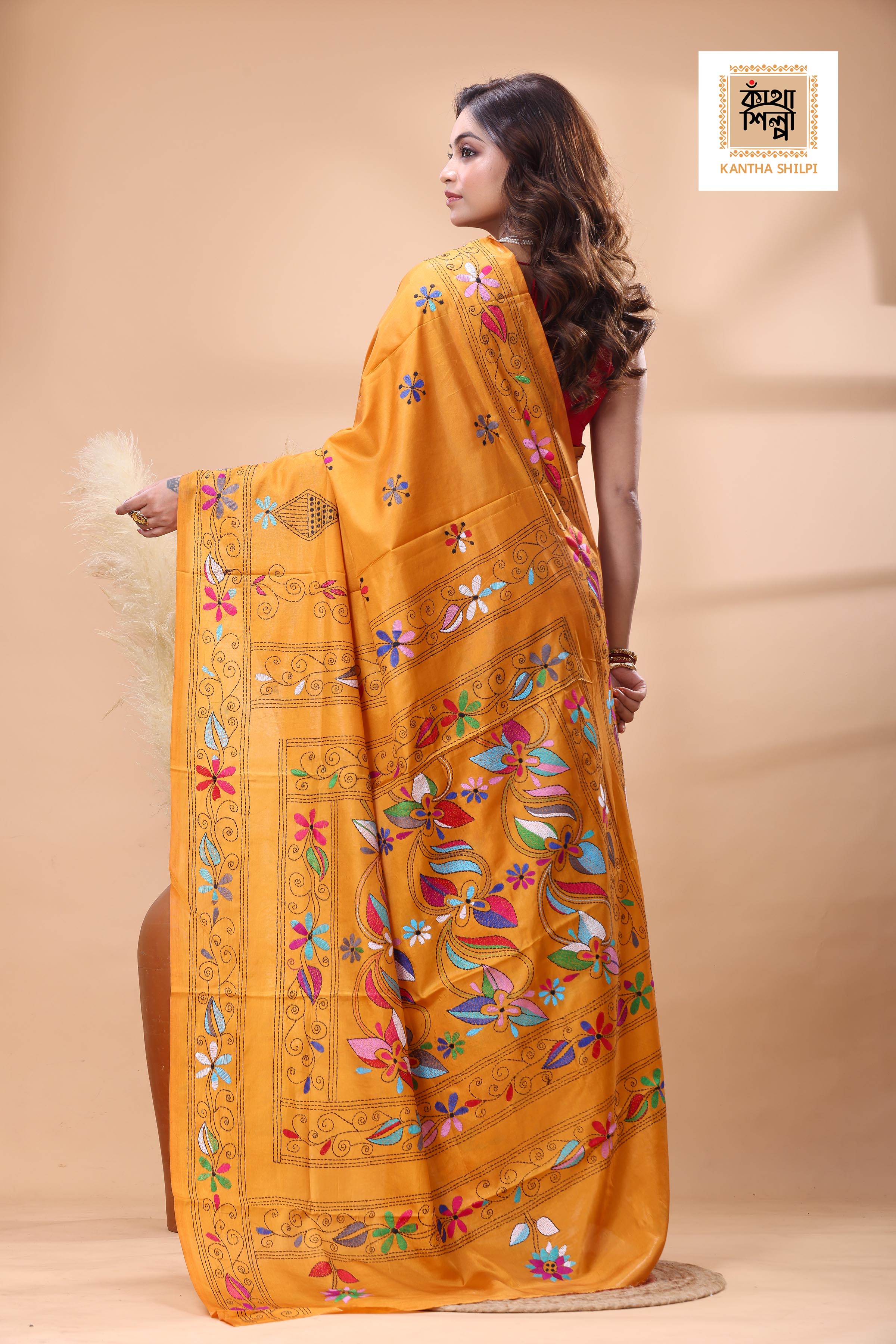 Yellow Color Bangalore Silk Multicolor Thread Work Kantha Stitch Saree