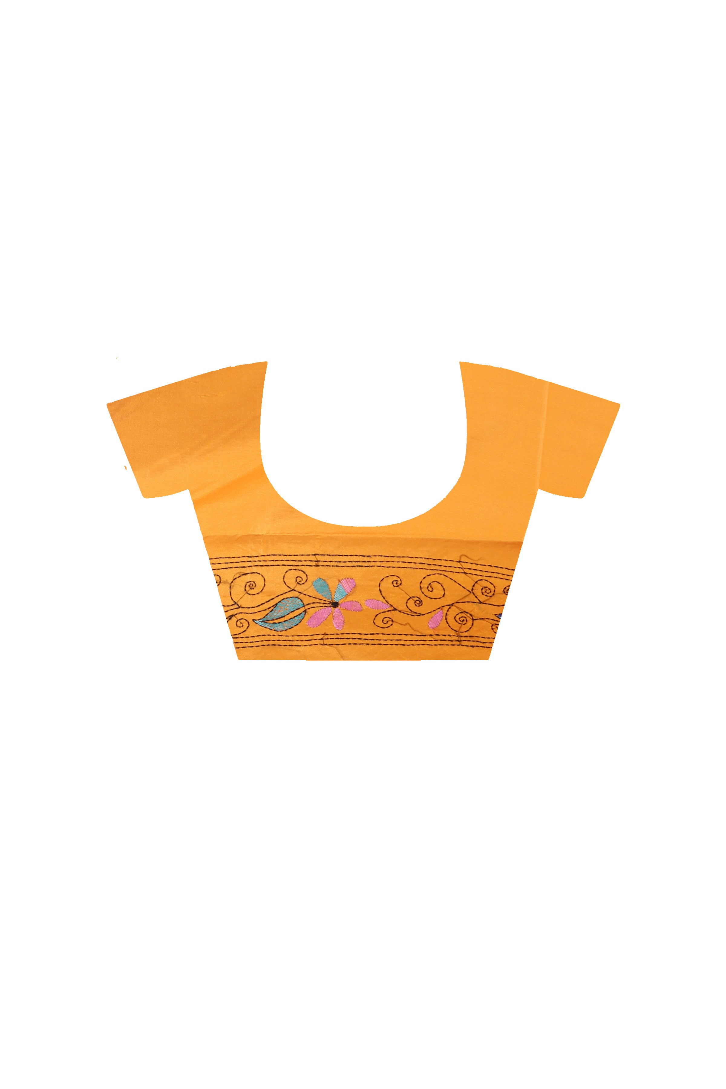 Yellow Color Bangalore Silk Multicolor Thread Work Kantha Stitch Saree