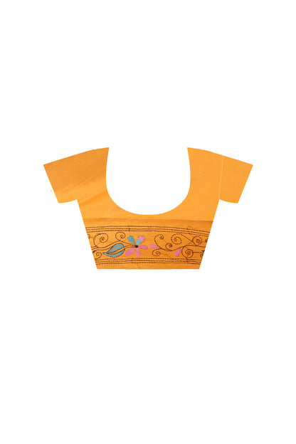 Yellow Color Bangalore Silk Multicolor Thread Work Kantha Stitch Saree