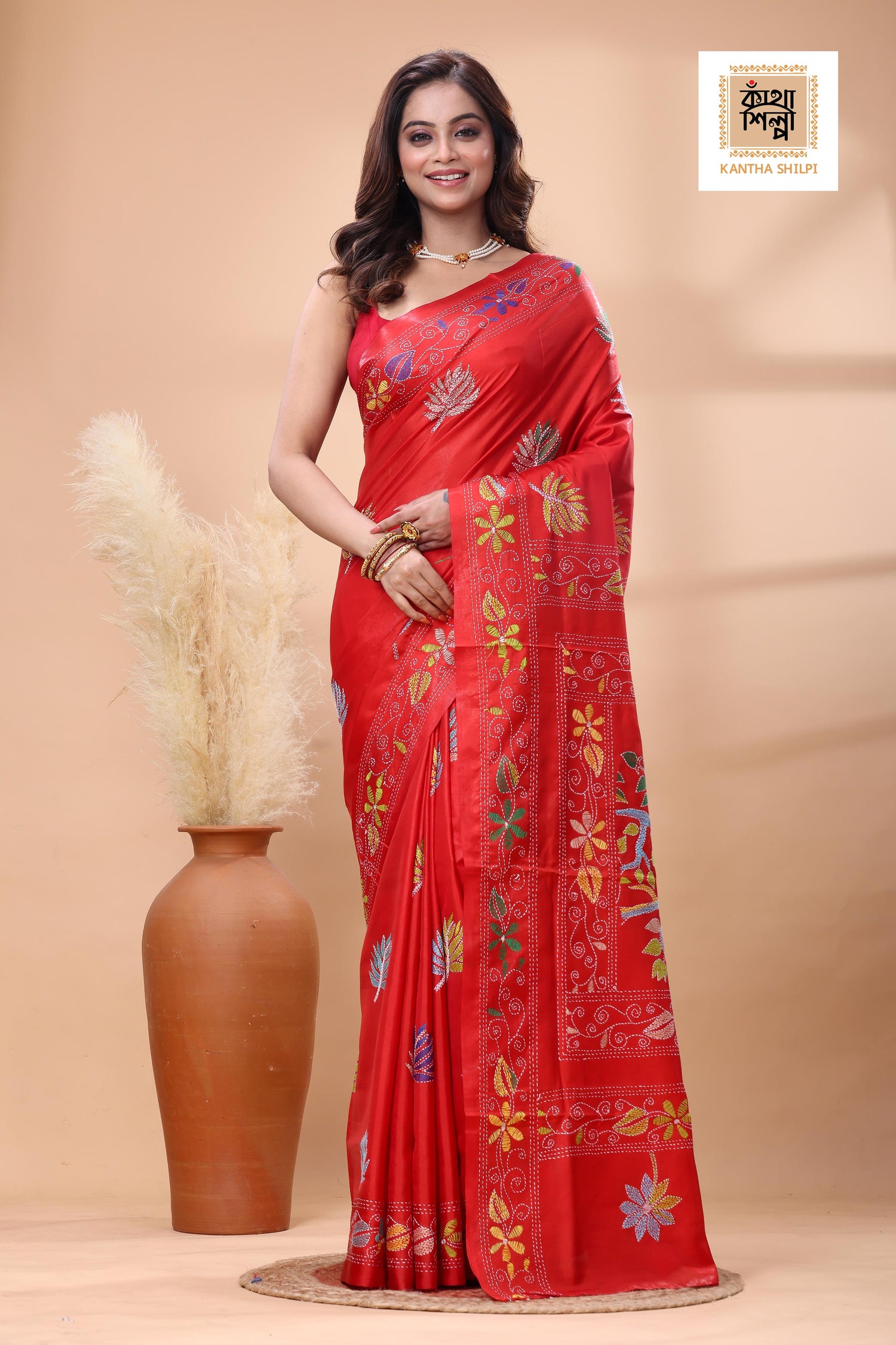 Red Color Bangalore Silk Multicolor Thread Work Kantha Stitch Saree