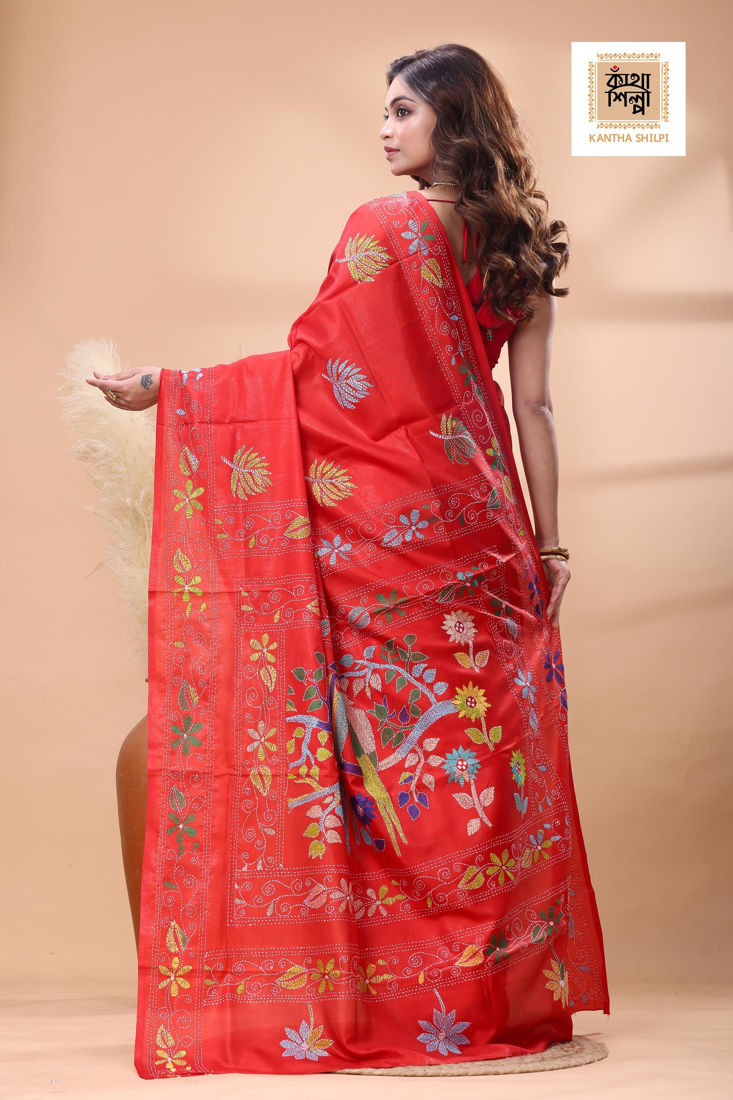 Red Color Bangalore Silk Multicolor Thread Work Kantha Stitch Saree