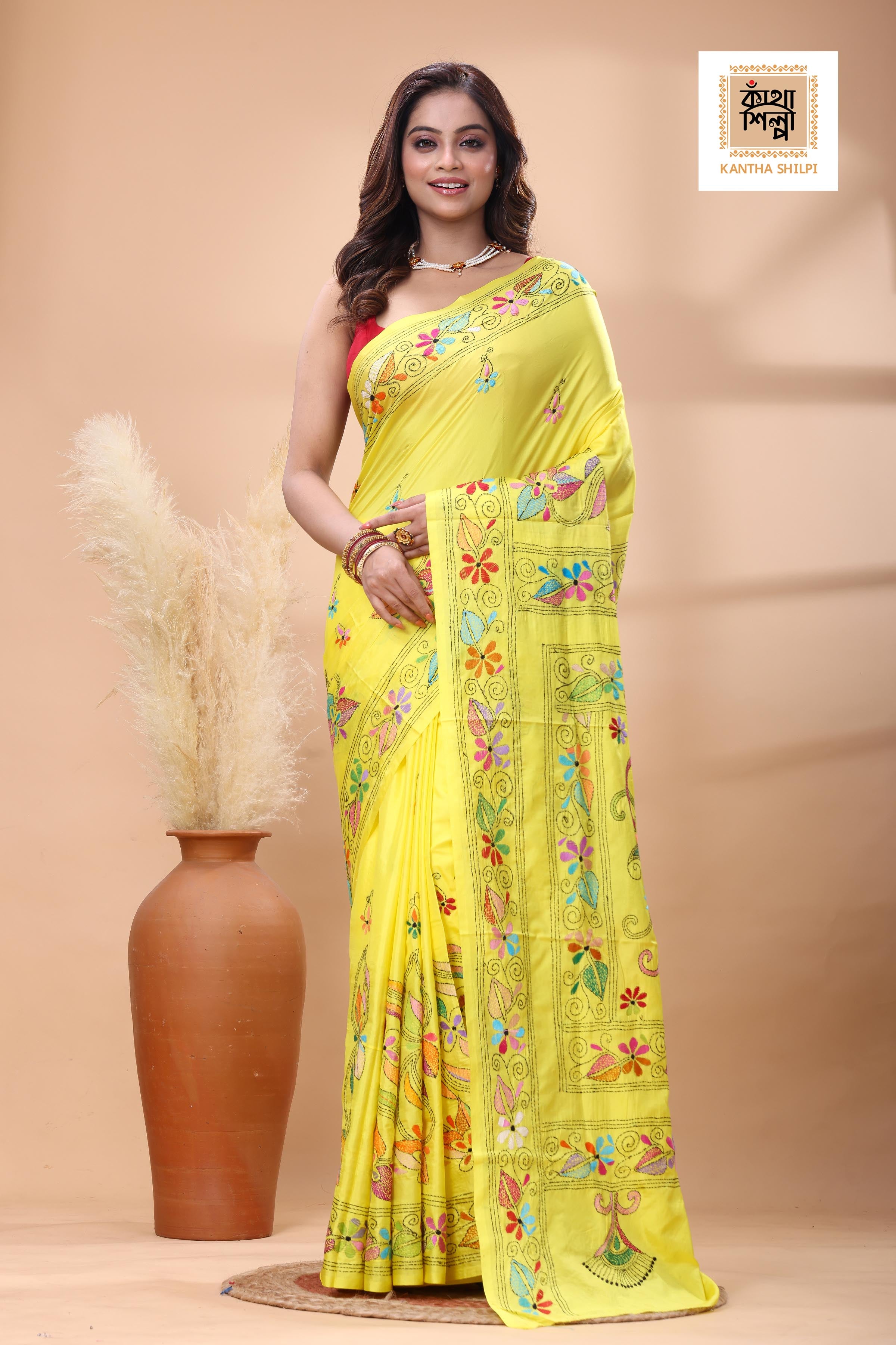 Yellow Color Bangalore Silk Multicolor Thread Work Kantha Stitch Saree