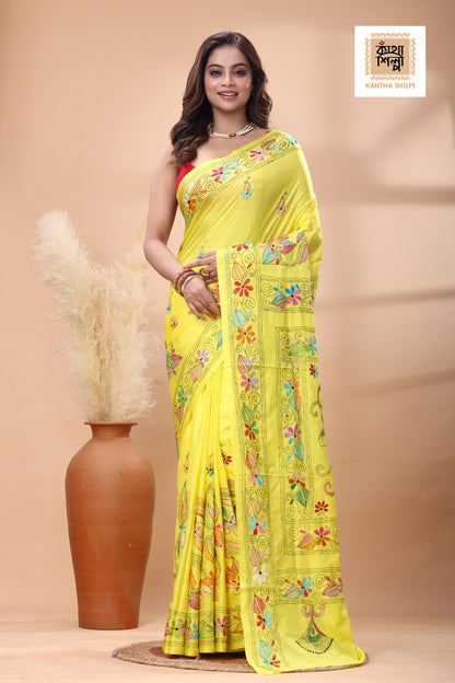 Yellow Color Bangalore Silk Multicolor Thread Work Kantha Stitch Saree