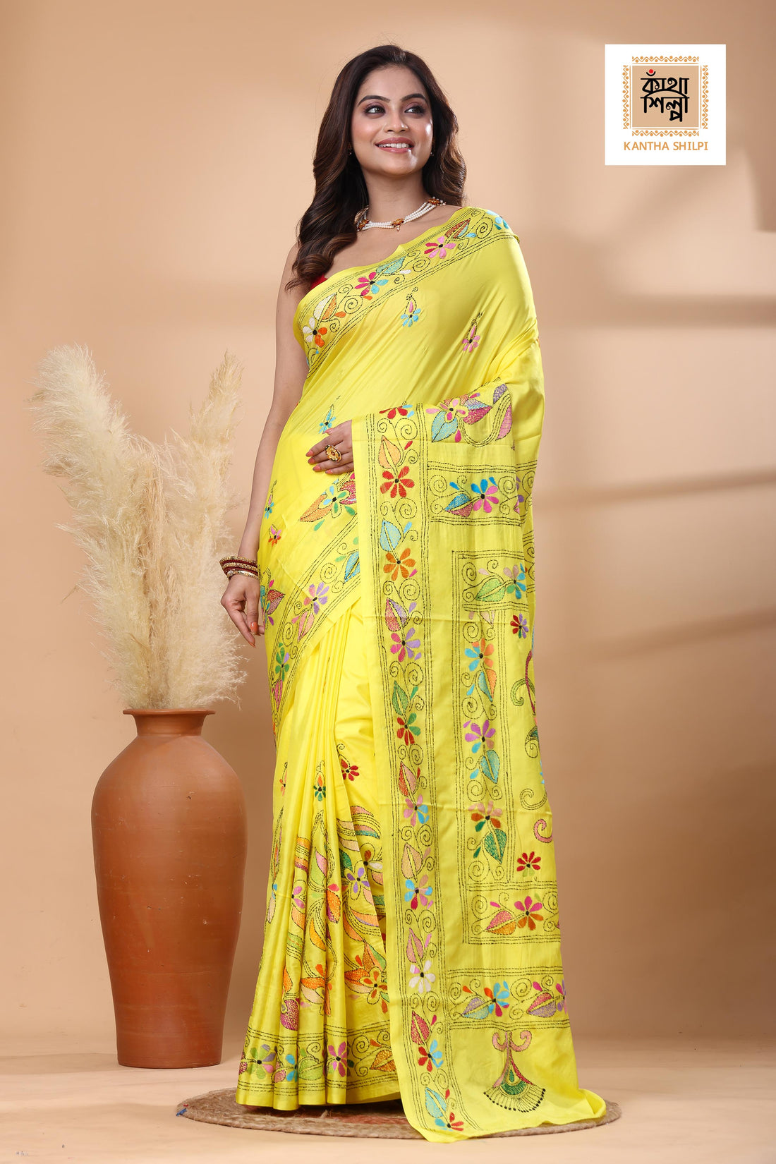 Yellow Color Bangalore Silk Multicolor Thread Work Kantha Stitch Saree