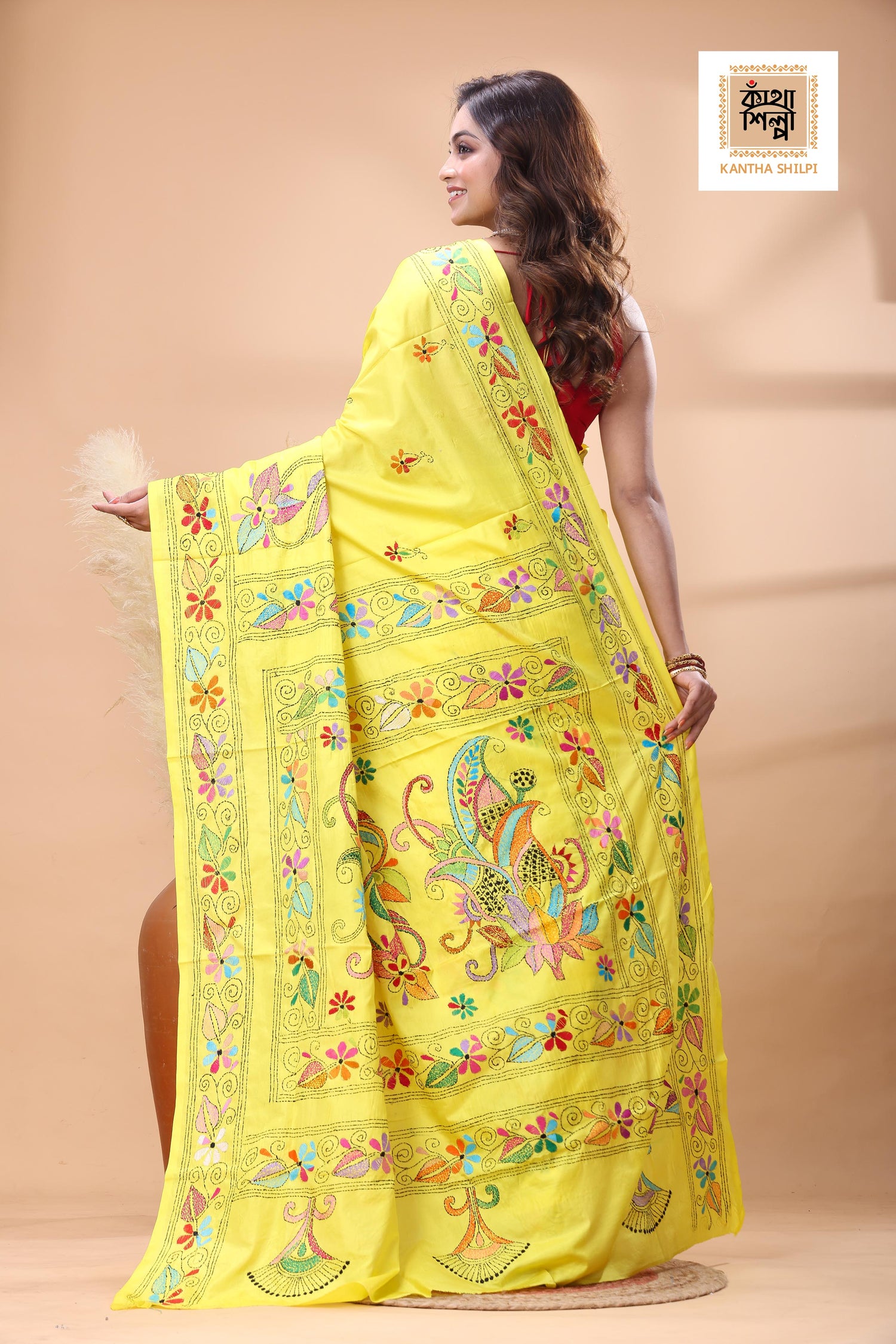 Yellow Color Bangalore Silk Multicolor Thread Work Kantha Stitch Saree