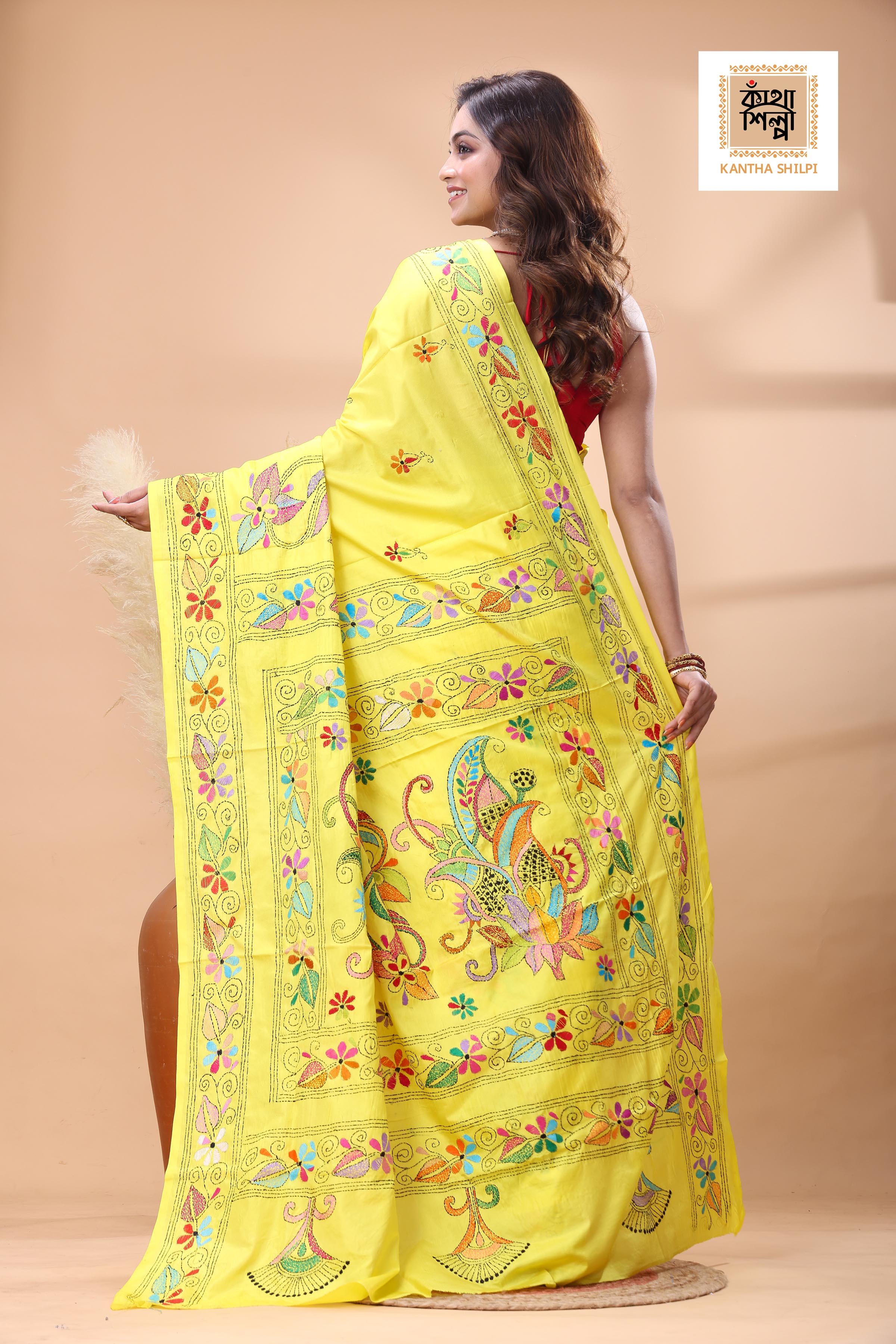 Yellow Color Bangalore Silk Multicolor Thread Work Kantha Stitch Saree