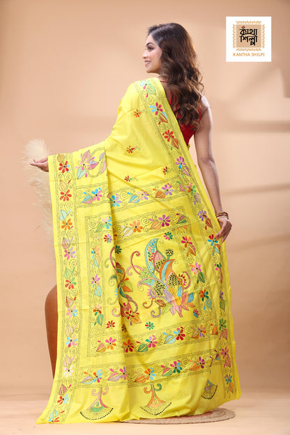 Yellow Color Bangalore Silk Multicolor Thread Work Kantha Stitch Saree