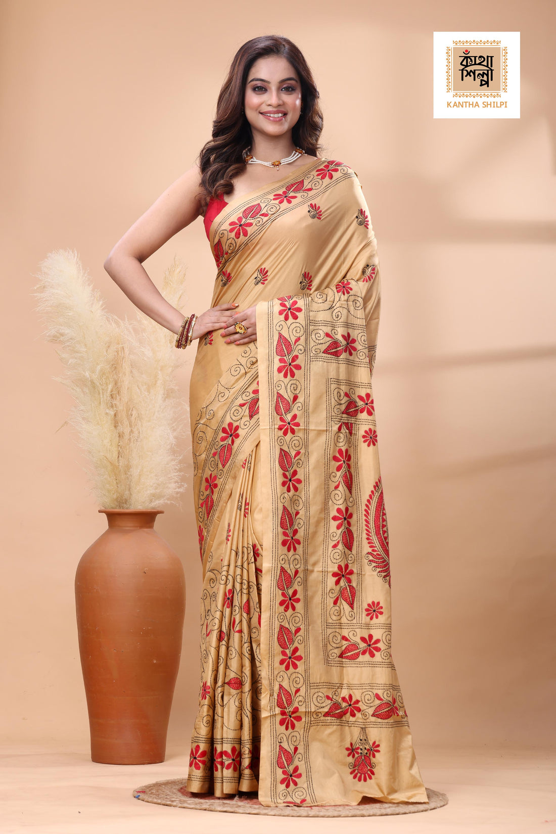 Beige Color Bangalore Silk Red Black Color Thread Work Kantha Stitch Saree