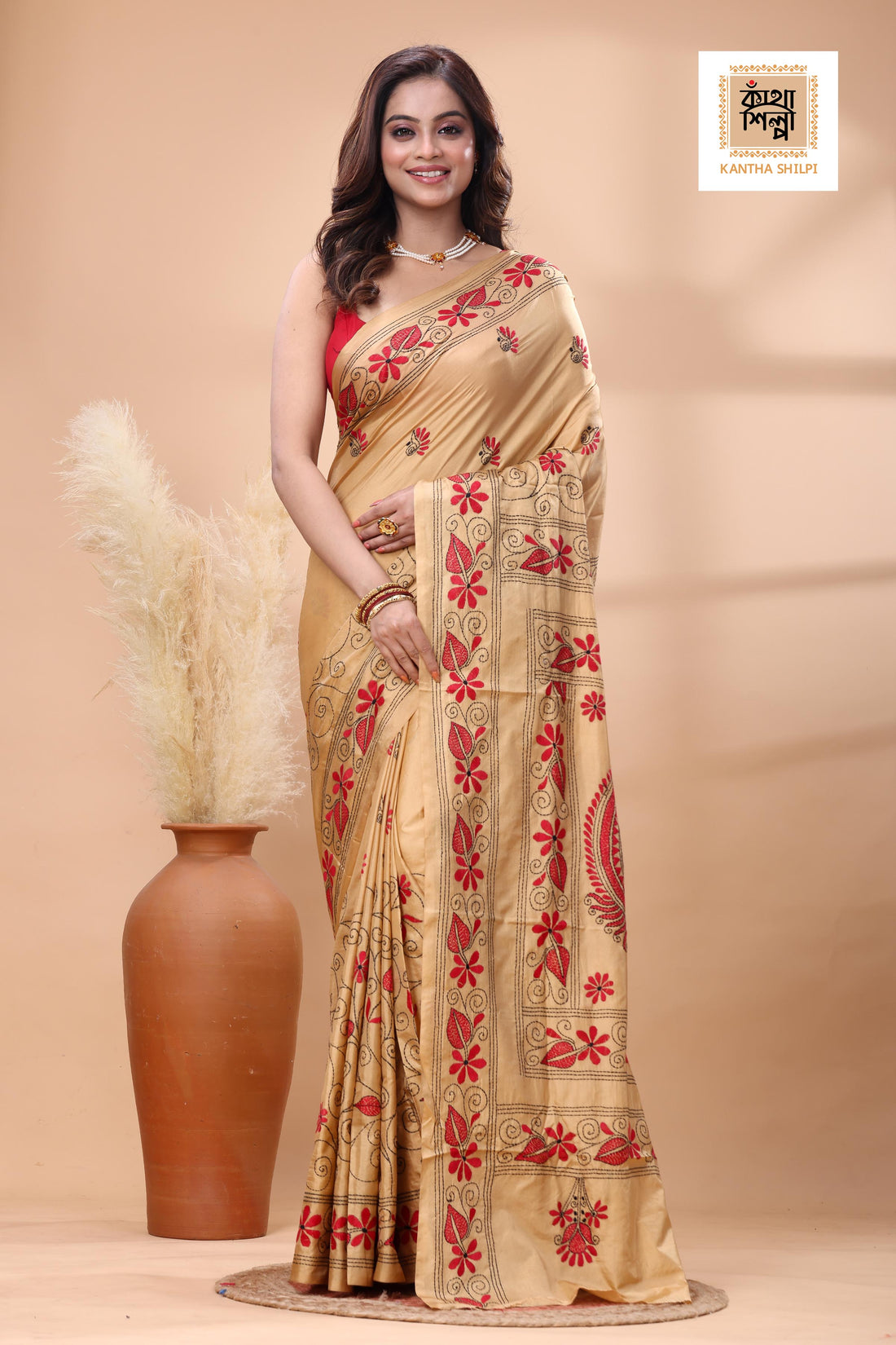 Beige Color Bangalore Silk Red Black Color Thread Work Kantha Stitch Saree