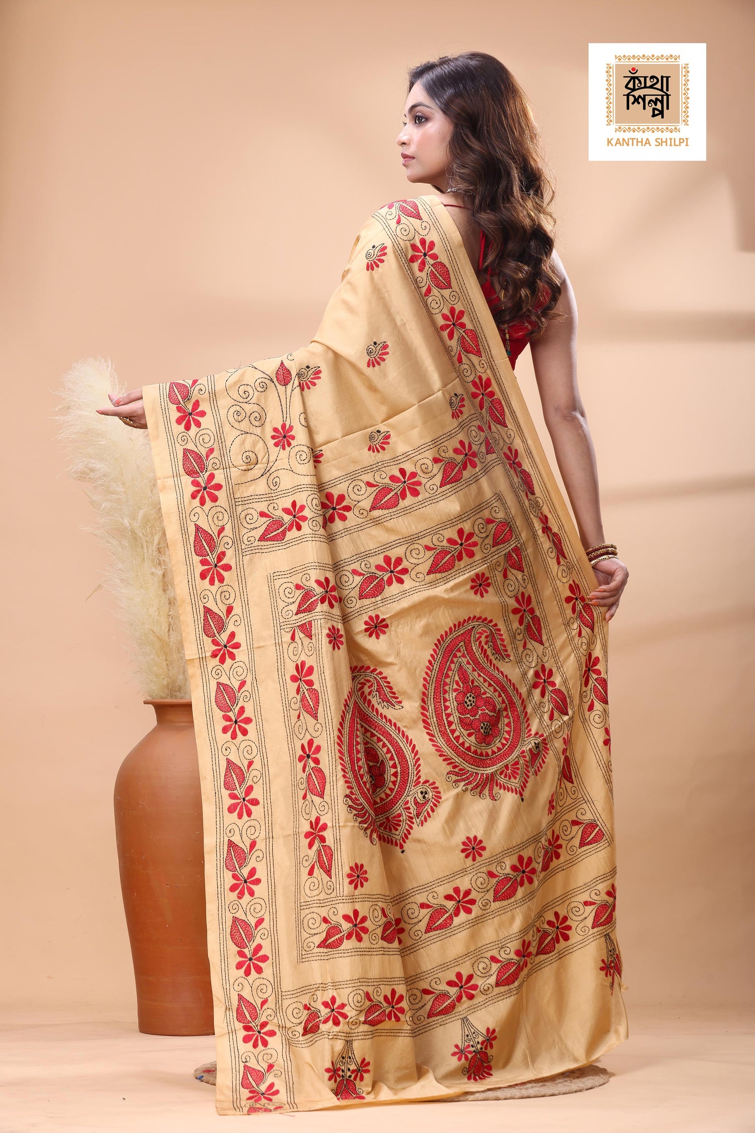 Beige Color Bangalore Silk Red Black Color Thread Work Kantha Stitch Saree