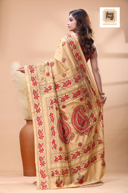 Beige Color Bangalore Silk Red Black Color Thread Work Kantha Stitch Saree