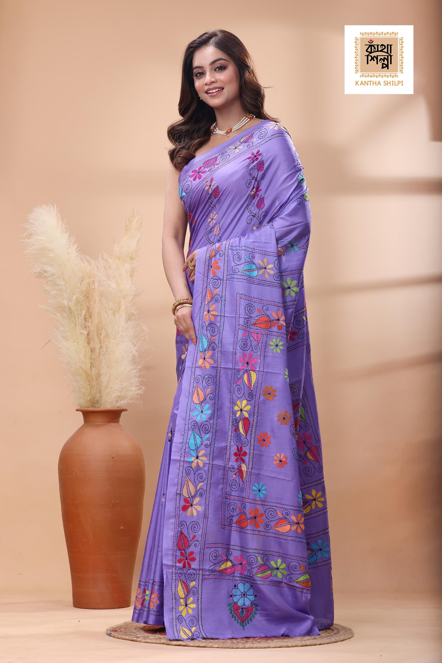 Purple Color Bangalore Silk Multicolor Thread Work Kantha Stitch Saree