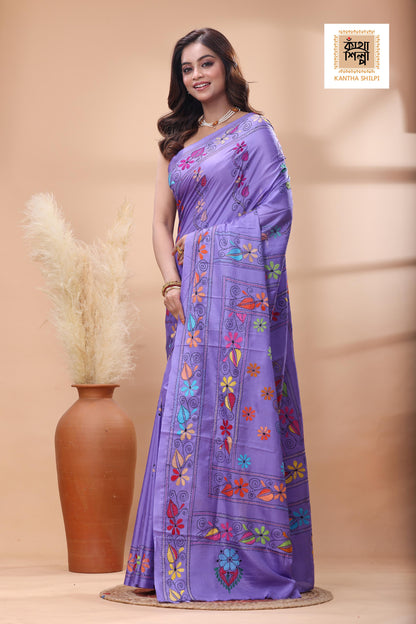 Purple Color Bangalore Silk Multicolor Thread Work Kantha Stitch Saree