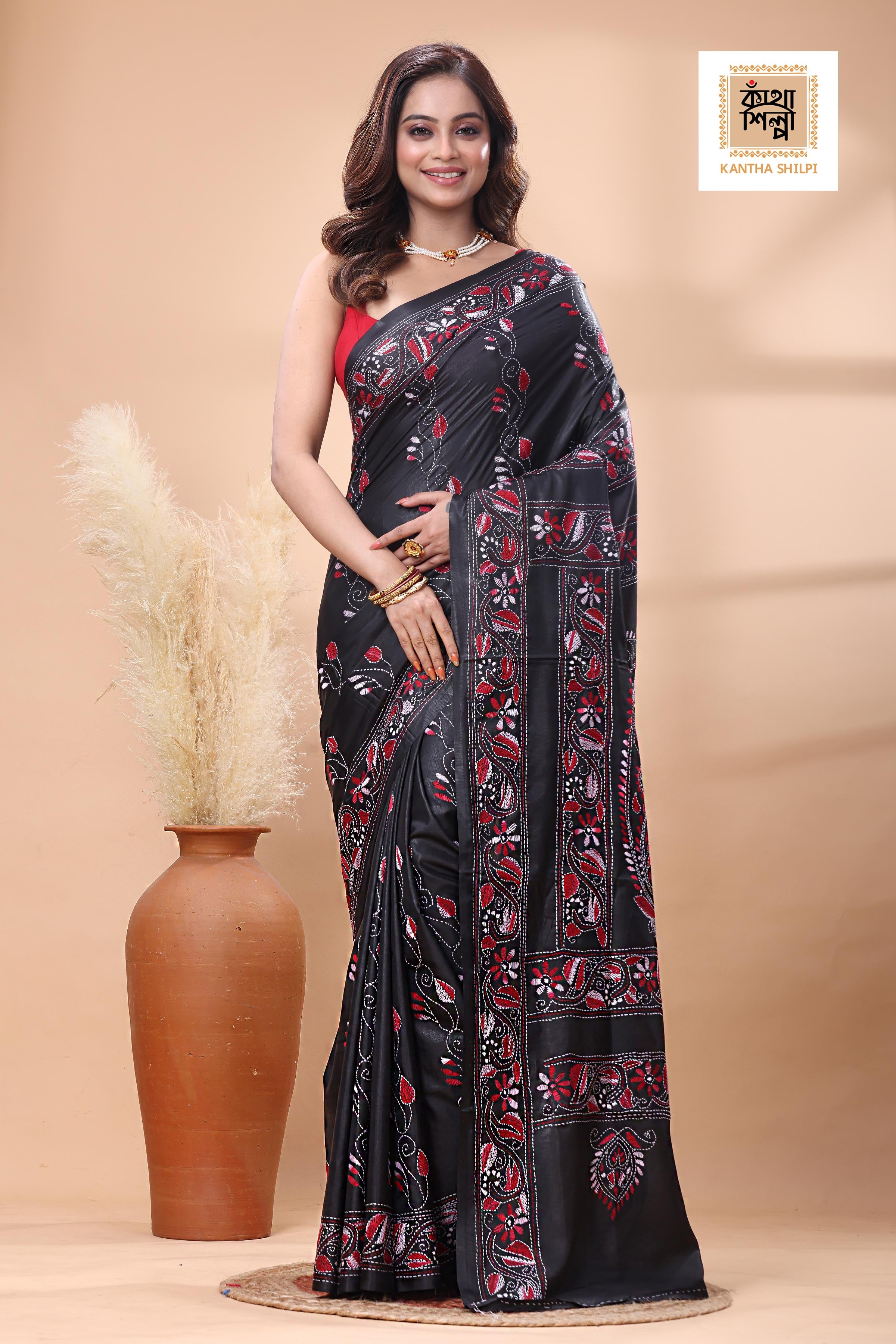 Black Color Bangalore Silk Red White Color Thread Work Kantha Stitch Saree