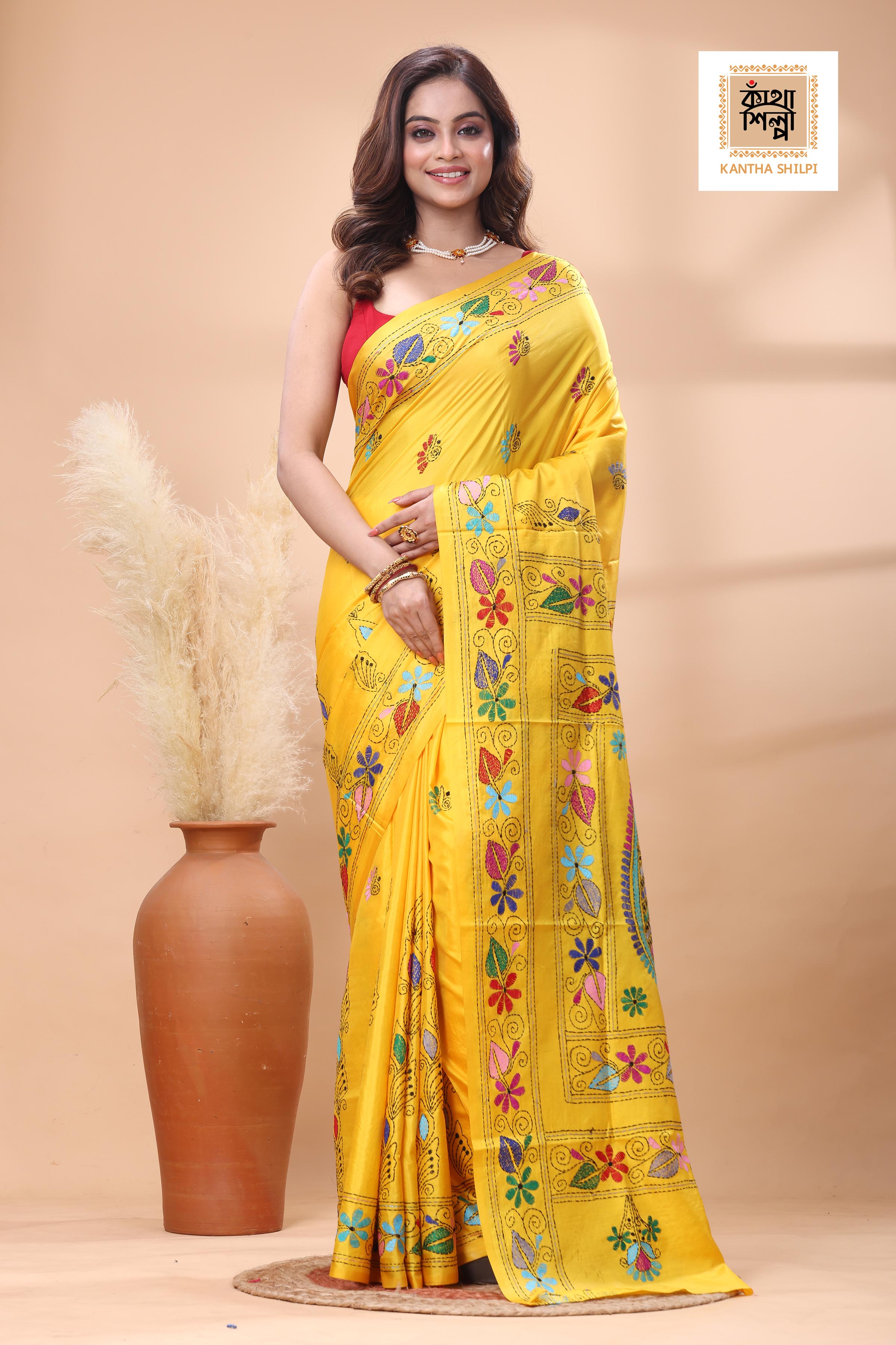 Yellow Color Bangalore Silk Multicolor Thread Work Kantha Stitch Saree