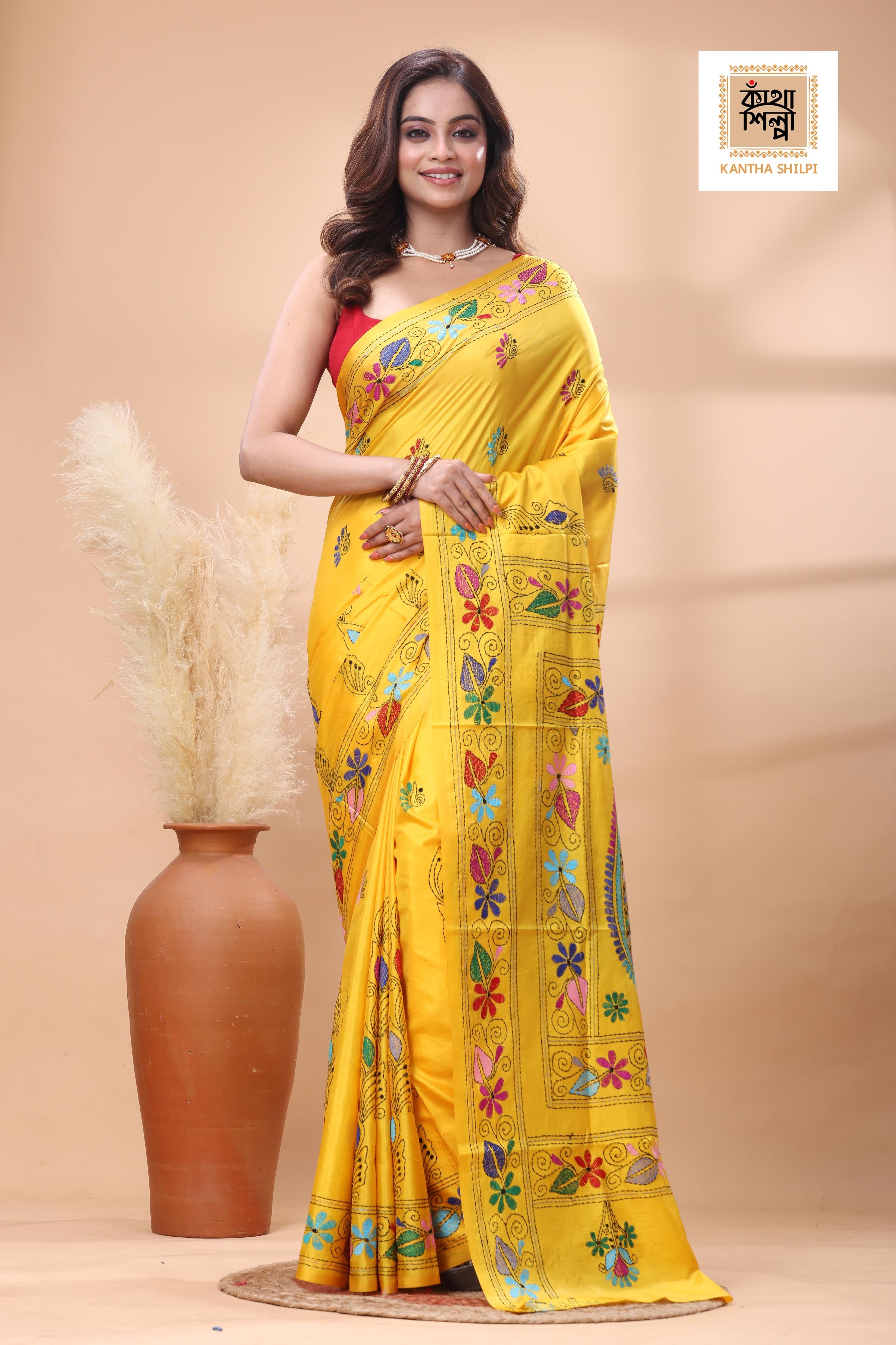 Yellow Color Bangalore Silk Multicolor Thread Work Kantha Stitch Saree