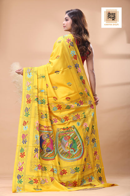 Yellow Color Bangalore Silk Multicolor Thread Work Kantha Stitch Saree