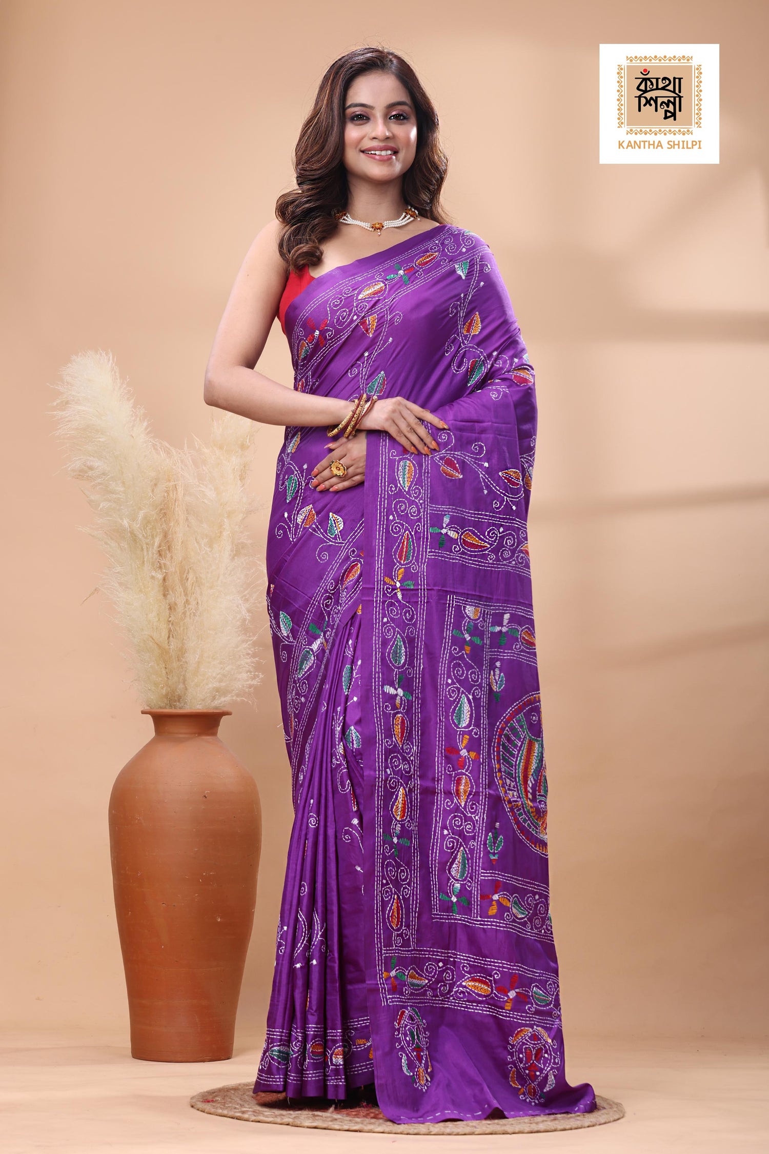 Purple Color Bangalore Silk Multicolor Thread Work Kantha Stitch Saree