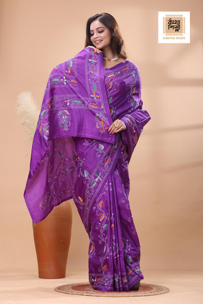 Purple Color Bangalore Silk Multicolor Thread Work Kantha Stitch Saree