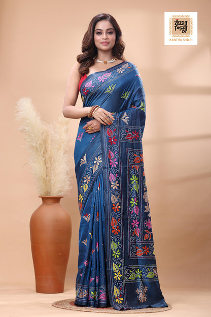 Light Navy Color Bangalore Silk Multicolor Thread Work Kantha Stitch Saree
