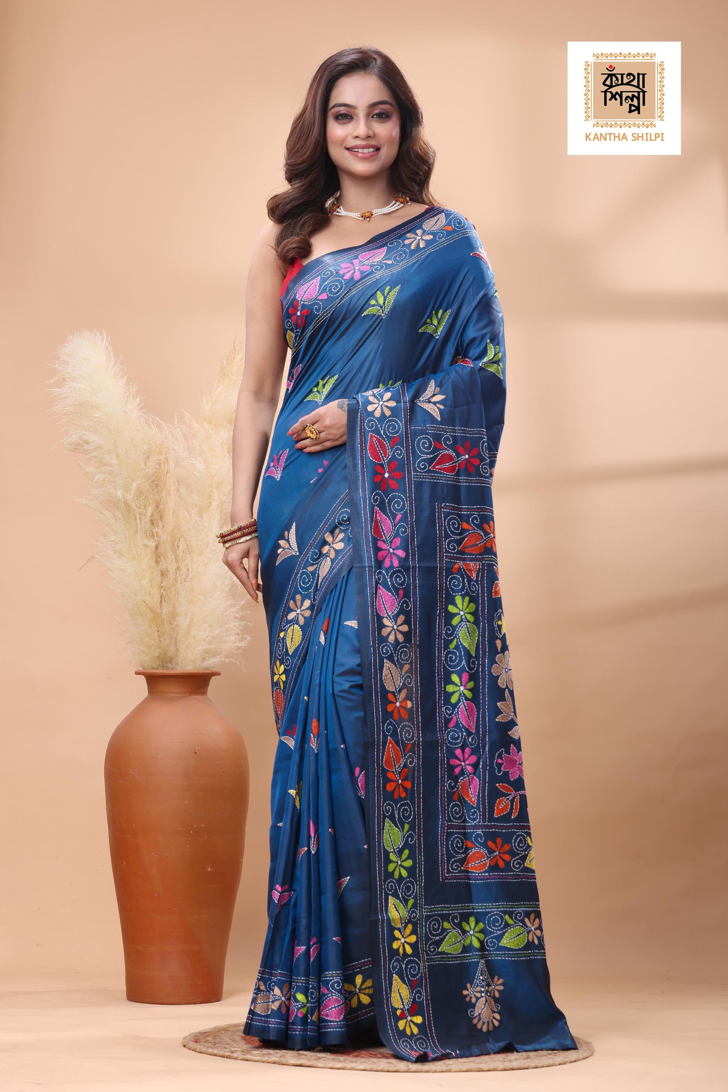 Light Navy Color Bangalore Silk Multicolor Thread Work Kantha Stitch Saree