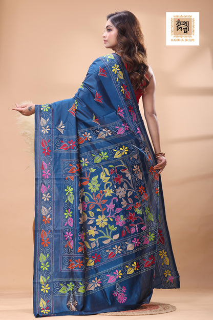 Light Navy Color Bangalore Silk Multicolor Thread Work Kantha Stitch Saree