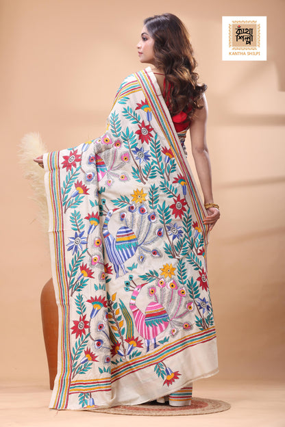 Off White Tussar Silk Multicolor Thread Work Kantha Stitch Saree